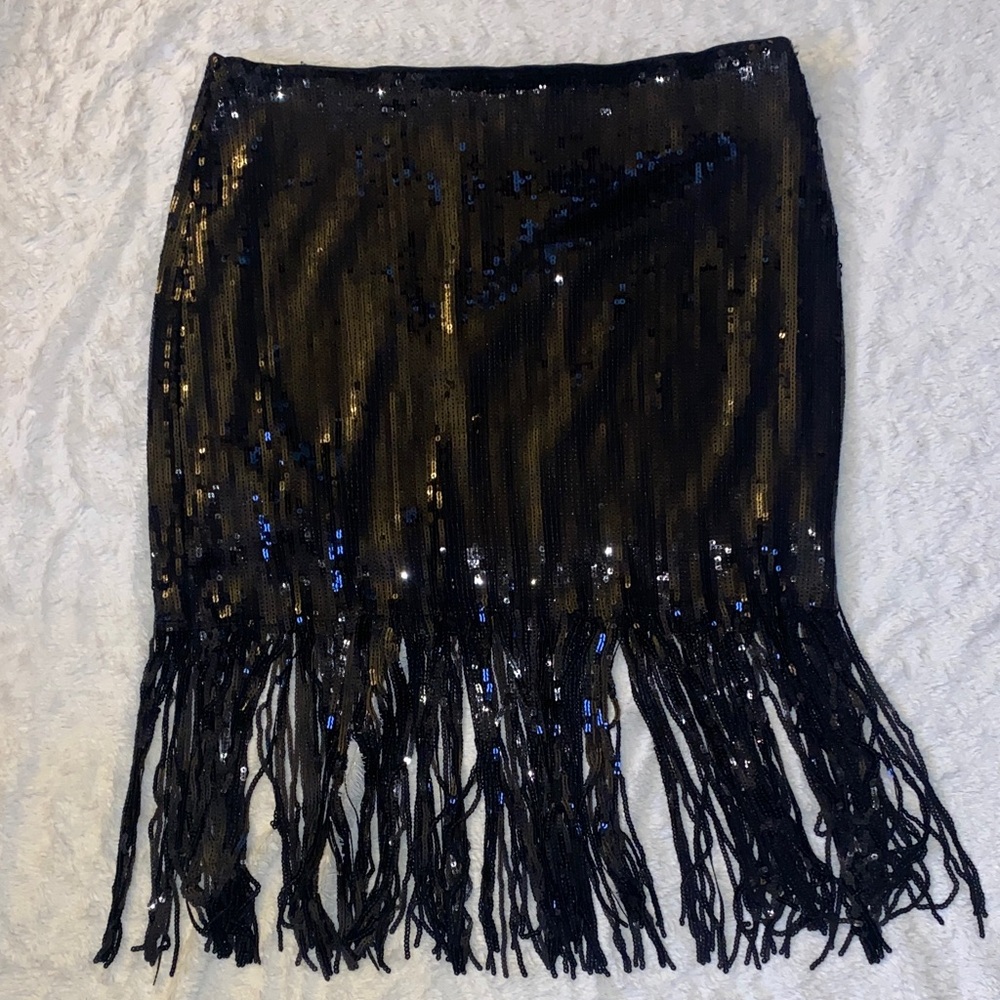 ANDREE BY UNIT Black Sequin Fringe Midi Skirt
